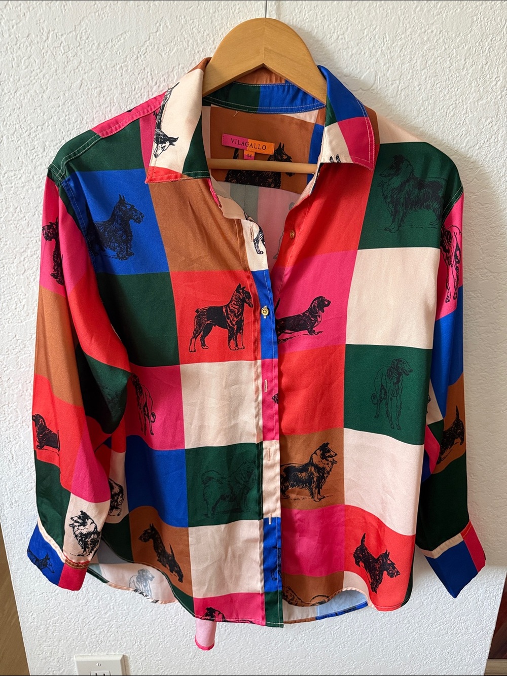 Vilagallo Multicolor Check Dog-Print Shirt - Pink Green Blue Brown Cream